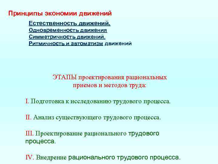 Принципы экономии движений Естественность движений. Одновременность движения Симметричность движений. Ритмичность и автоматизм движений ЭТАПЫ