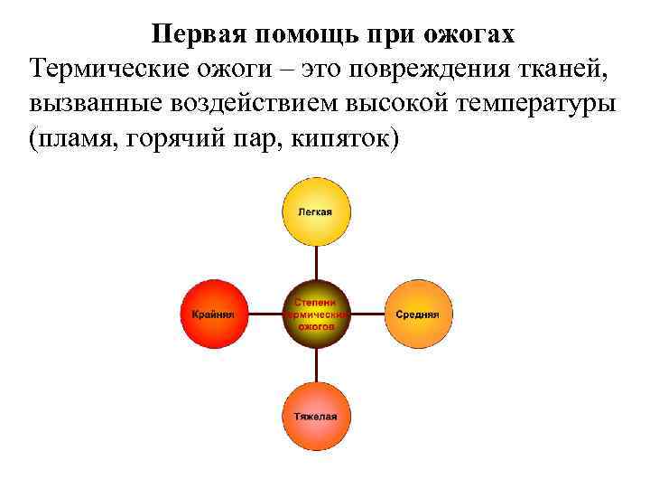 Первая помощь при ожогах Термические ожоги – это повреждения тканей, вызванные воздействием высокой температуры
