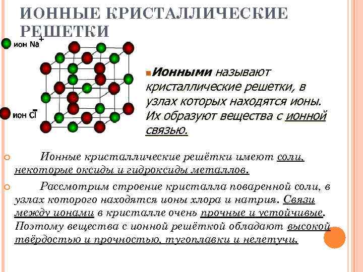 ИОННЫЕ КРИСТАЛЛИЧЕСКИЕ РЕШЕТКИ n. Ионными называют кристаллические решетки, в узлах которых находятся ионы. Их