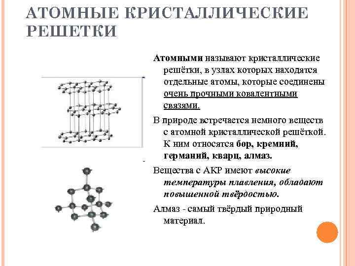 АТОМНЫЕ КРИСТАЛЛИЧЕСКИЕ РЕШЕТКИ Атомными называют кристаллические решётки, в узлах которых находятся отдельные атомы, которые