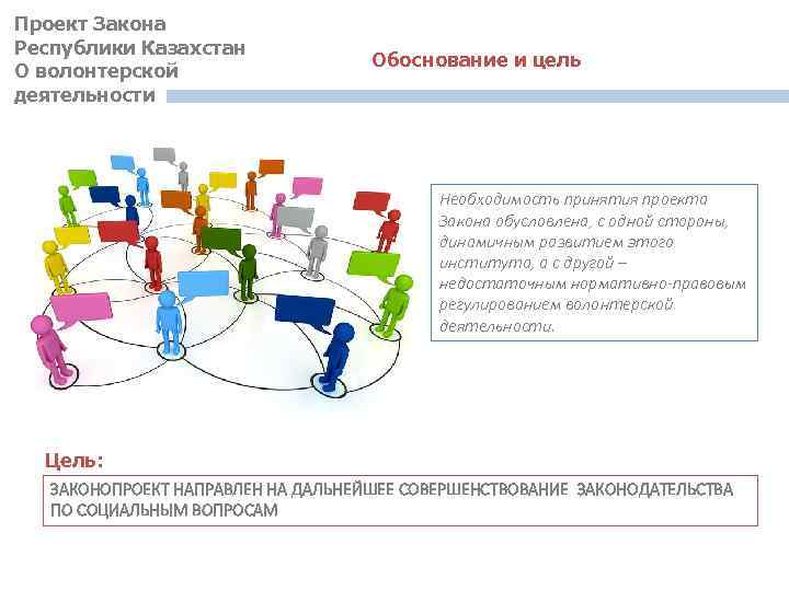 Проект Закона Республики Казахстан О волонтерской деятельности Обоснование и цель Необходимость принятия проекта Закона