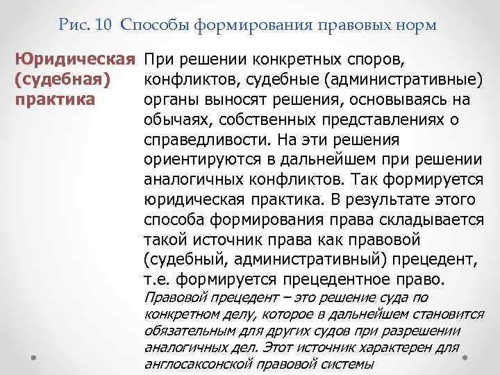 Рис. 10 Способы формирования правовых норм Юридическая При решении конкретных споров, (судебная) конфликтов, судебные