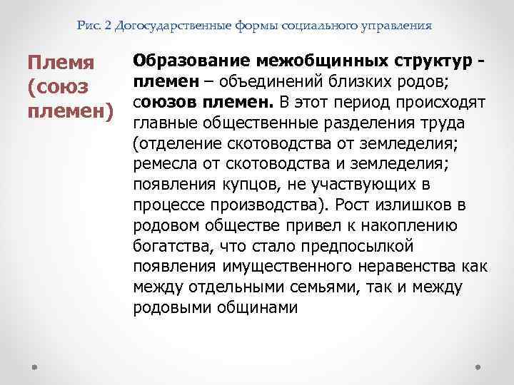 Рис. 2 Догосударственные формы социального управления Образование межобщинных структур Племя племен – объединений близких