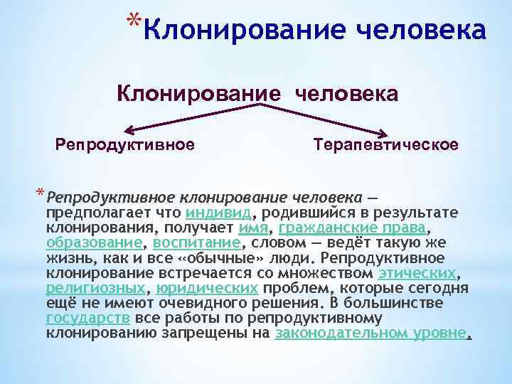 Репродуктивное клонирование. Репродуктивное клонирование человека. Репродуктивное и терапевтическое клонирование. Виды клонирования человека.