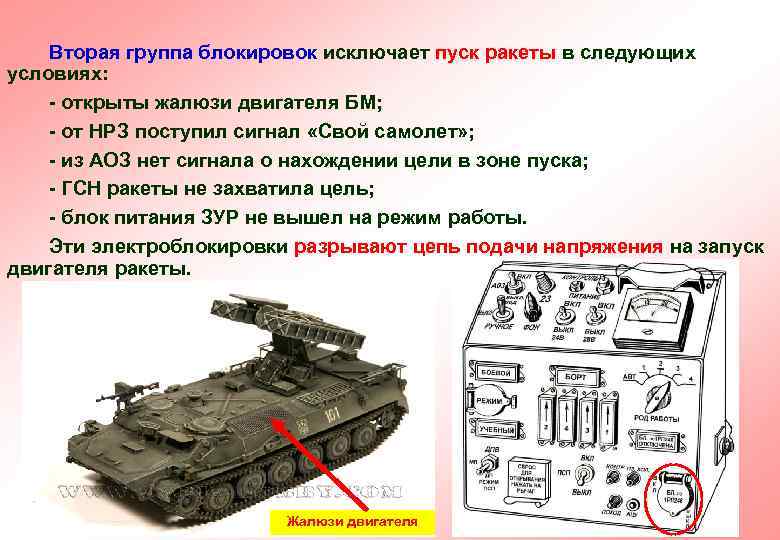 Вторая группа блокировок исключает пуск ракеты в следующих условиях: - открыты жалюзи двигателя БМ;