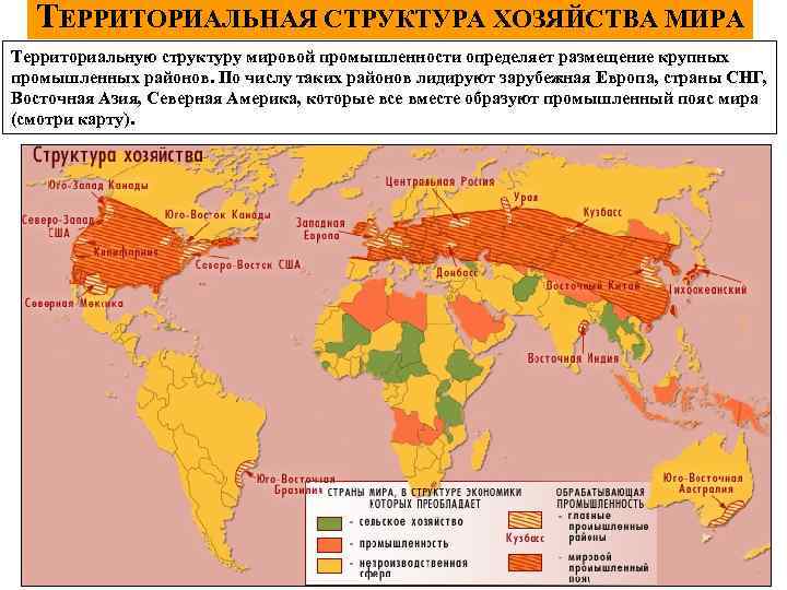 ТЕРРИТОРИАЛЬНАЯ СТРУКТУРА ХОЗЯЙСТВА МИРА Территориальную структуру мировой промышленности определяет размещение крупных промышленных районов. По