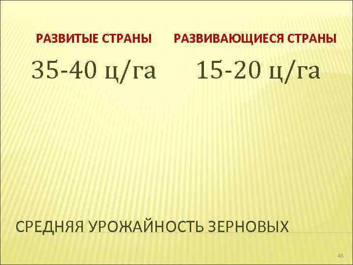 РАЗВИТЫЕ СТРАНЫ РАЗВИВАЮЩИЕСЯ СТРАНЫ 35 40 ц/га 15 20 ц/га СРЕДНЯЯ УРОЖАЙНОСТЬ ЗЕРНОВЫХ 48