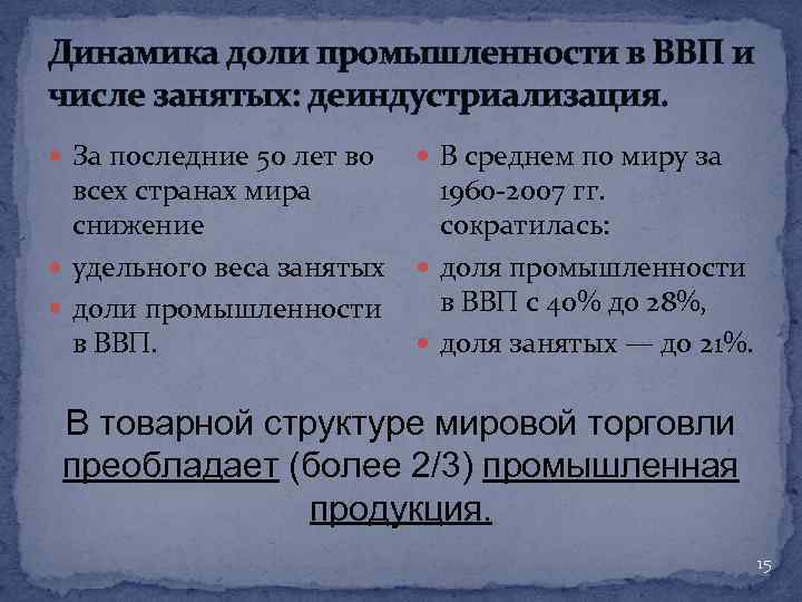 Динамика доли промышленности в ВВП и числе занятых: деиндустриализация. За последние 50 лет во