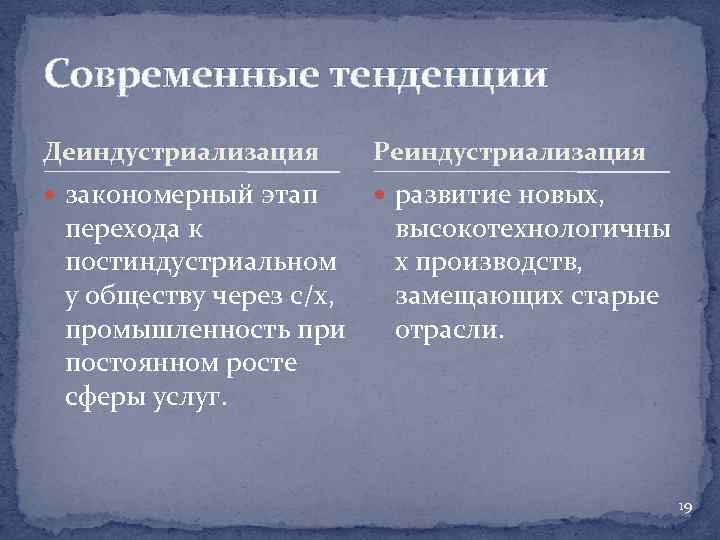 Современные тенденции Деиндустриализация Реиндустриализация закономерный этап развитие новых, перехода к постиндустриальном у обществу через