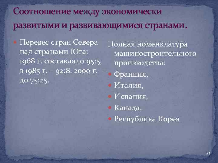 Соотношение между экономически развитыми и развивающимися странами. Перевес стран Севера Полная номенклатура над странами