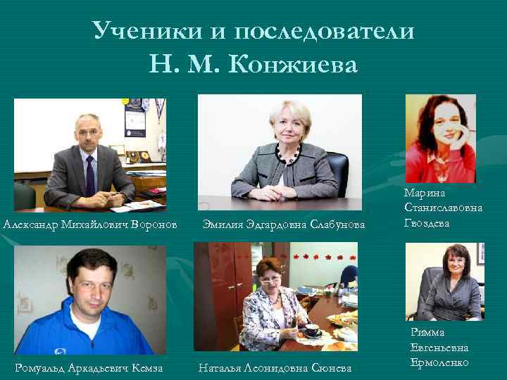 Ученики и последователи Н. М. Конжиева Александр Михайлович Воронов Ромуальд Аркадьевич Кемза Эмилия Эдгардовна