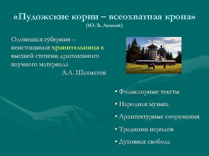  «Пудожские корни – всеохватная крона» (Ю. В. Линник) Олонецкая губерния – неистощимая хранительница