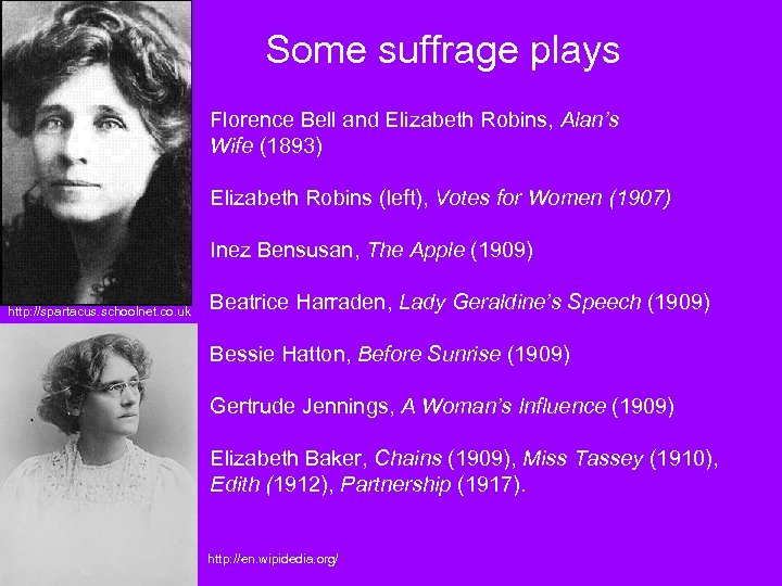 Some suffrage plays Florence Bell and Elizabeth Robins, Alan’s Wife (1893) Elizabeth Robins (left),