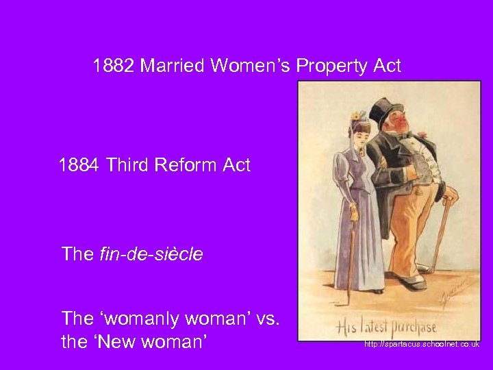 1882 Married Women’s Property Act 1884 Third Reform Act The fin-de-siècle The ‘womanly woman’