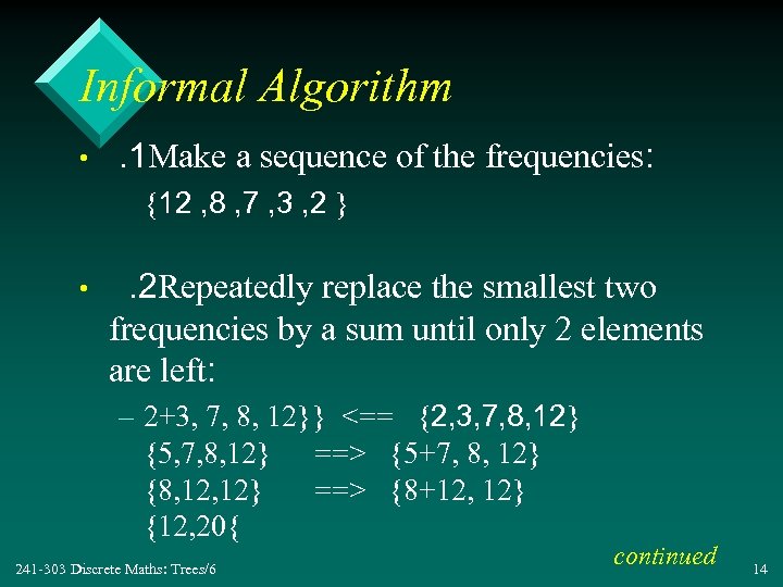 Informal Algorithm • . 1 Make a sequence of the frequencies: {12 , 8