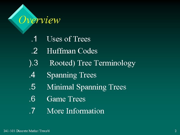 Overview. 1. 2 ). 3 Uses of Trees Huffman Codes Rooted) Tree Terminology .