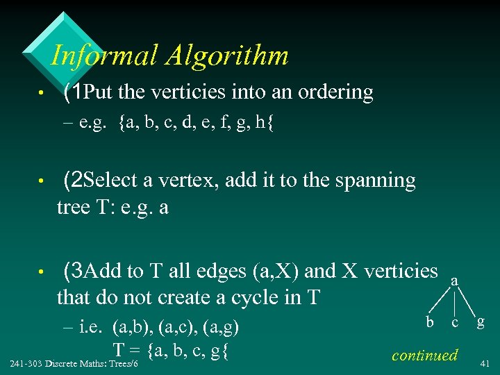 Informal Algorithm • (1 Put the verticies into an ordering – e. g. {a,