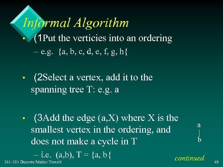 Informal Algorithm • (1 Put the verticies into an ordering – e. g. {a,