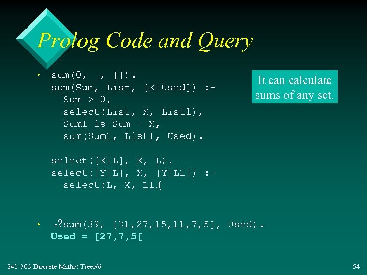 Prolog Code and Query • sum(0, _, []). sum(Sum, List, [X|Used]) : Sum >