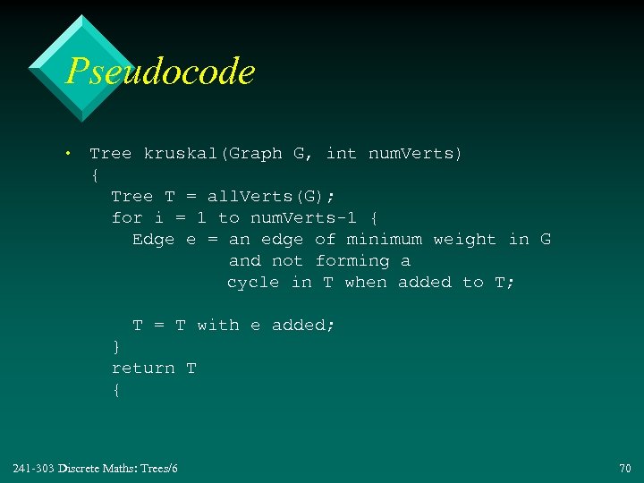 Pseudocode • Tree kruskal(Graph G, int num. Verts) { Tree T = all. Verts(G);