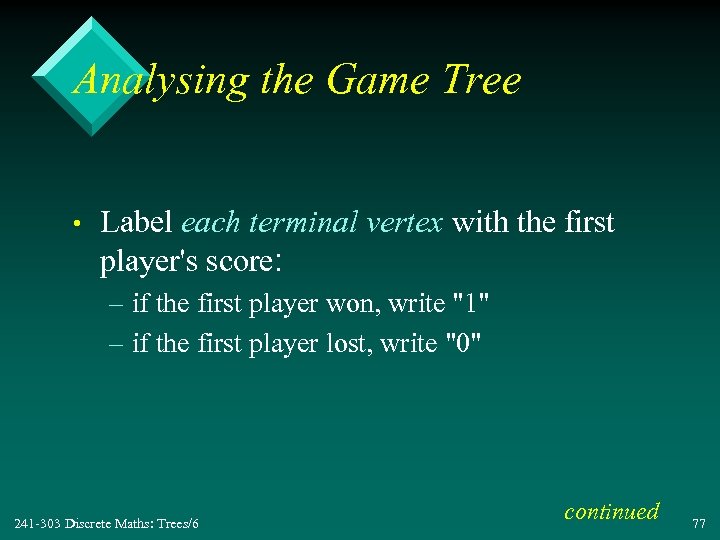 Analysing the Game Tree • Label each terminal vertex with the first player's score: