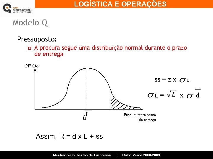 LOGÍSTICA E OPERAÇÕES Modelo Q Pressuposto: p A procura segue uma distribuição normal durante