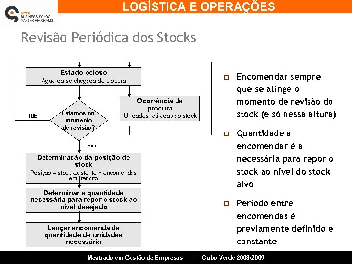 LOGÍSTICA E OPERAÇÕES Revisão Periódica dos Stocks Estado ocioso p Não Estamos no momento