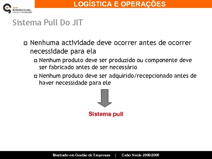 LOGÍSTICA E OPERAÇÕES Sistema Pull Do JIT p Nenhuma actividade deve ocorrer antes de