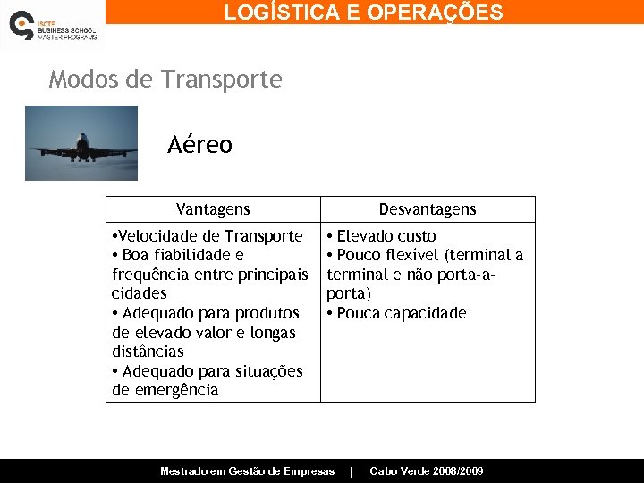LOGÍSTICA E OPERAÇÕES Modos de Transporte Aéreo Vantagens Desvantagens • Velocidade de Transporte •