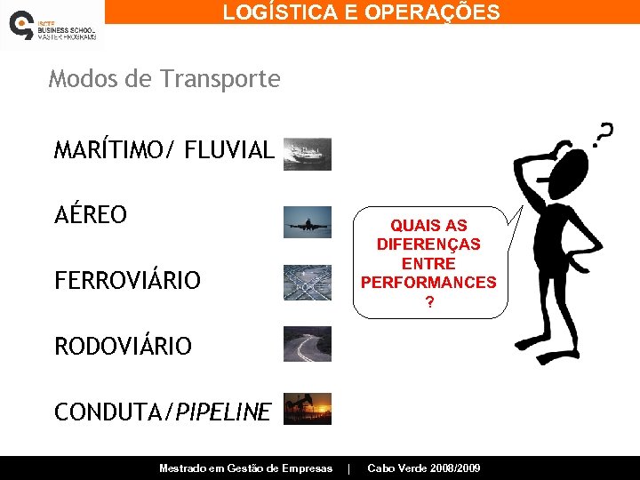 LOGÍSTICA E OPERAÇÕES Modos de Transporte MARÍTIMO/ FLUVIAL AÉREO QUAIS AS DIFERENÇAS ENTRE PERFORMANCES