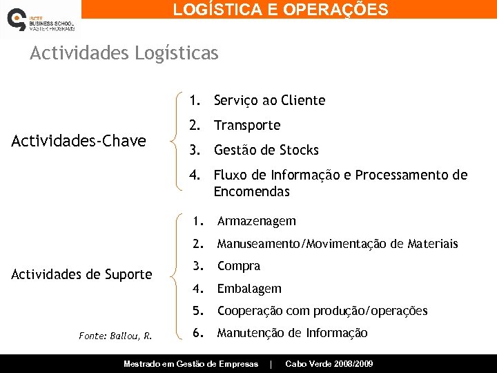 LOGÍSTICA E OPERAÇÕES Actividades Logísticas 1. Serviço ao Cliente Actividades-Chave 2. Transporte 3. Gestão