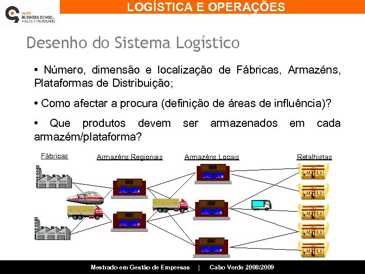 LOGÍSTICA E OPERAÇÕES Desenho do Sistema Logístico • Número, dimensão e localização de Fábricas,