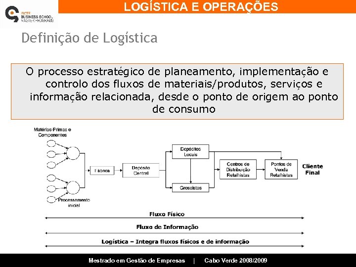 LOGÍSTICA E OPERAÇÕES Definição de Logística O processo estratégico de planeamento, implementação e controlo