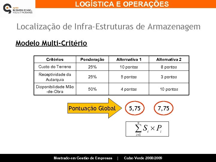 LOGÍSTICA E OPERAÇÕES Localização de Infra-Estruturas de Armazenagem Modelo Multi-Critérios Ponderação Alternativa 1 Alternativa