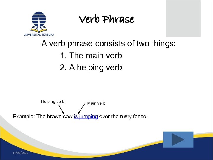 Verb Phrase A verb phrase consists of two things: 1. The main verb 2.