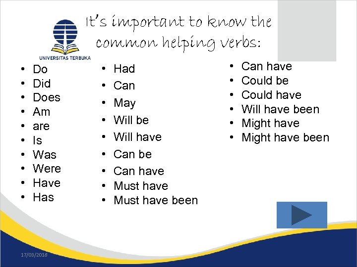 It’s important to know the common helping verbs: • • • Do Did Does