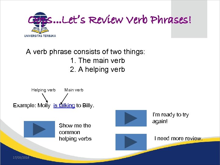 Oops…Let’s Review Verb Phrases! A verb phrase consists of two things: 1. The main