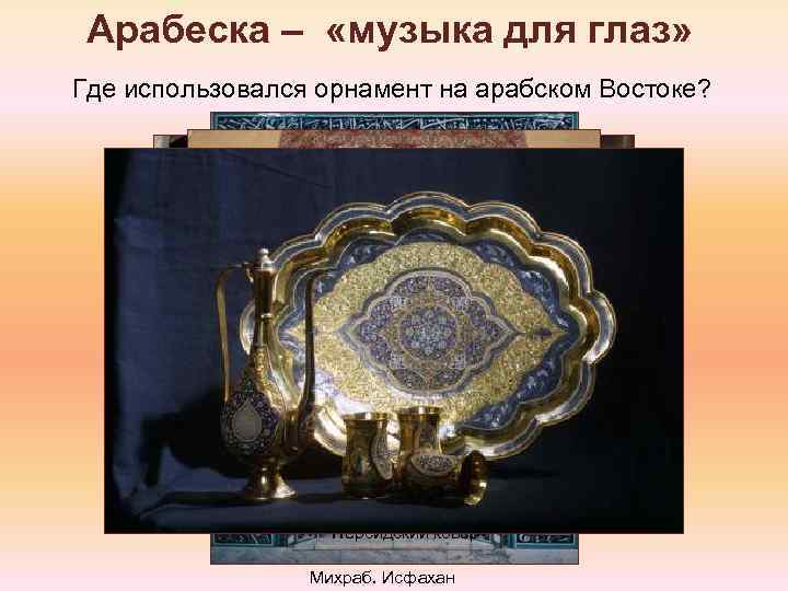 Арабеска – «музыка для глаз» Где использовался орнамент на арабском Востоке? Купол над михрабом.