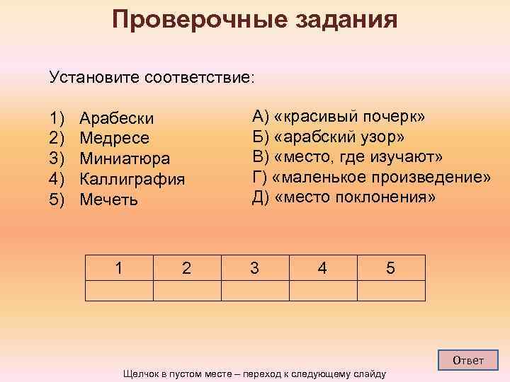 Проверочные задания Установите соответствие: 1) 2) 3) 4) 5) Арабески Медресе Миниатюра Каллиграфия Мечеть