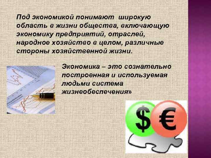 Под экономикой понимают широкую область в жизни общества, включающую экономику предприятий, отраслей, народное хозяйство
