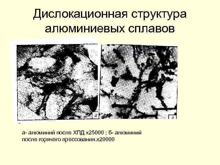 Дислокационная структура алюминиевых сплавов а- алюминий после ХПД х25000 ; б- алюминий после горячего