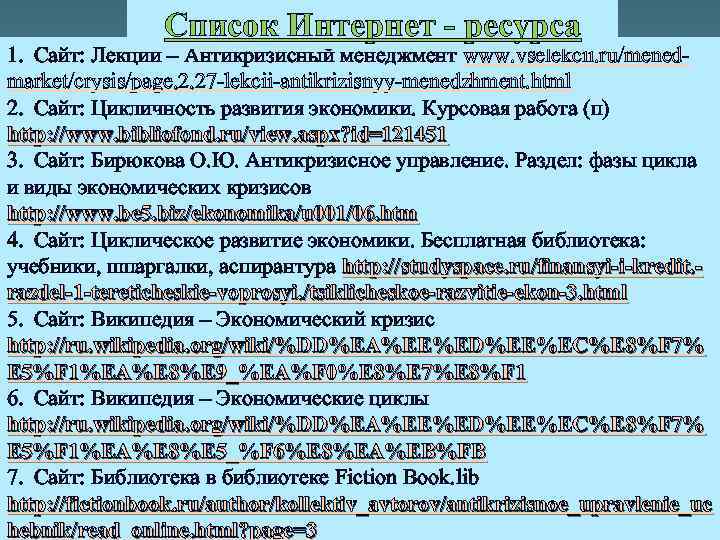 Список Интернет - ресурса 1. Сайт: Лекции – Антикризисный менеджмент www. vselekcii. ru/menedmarket/crysis/page, 2,