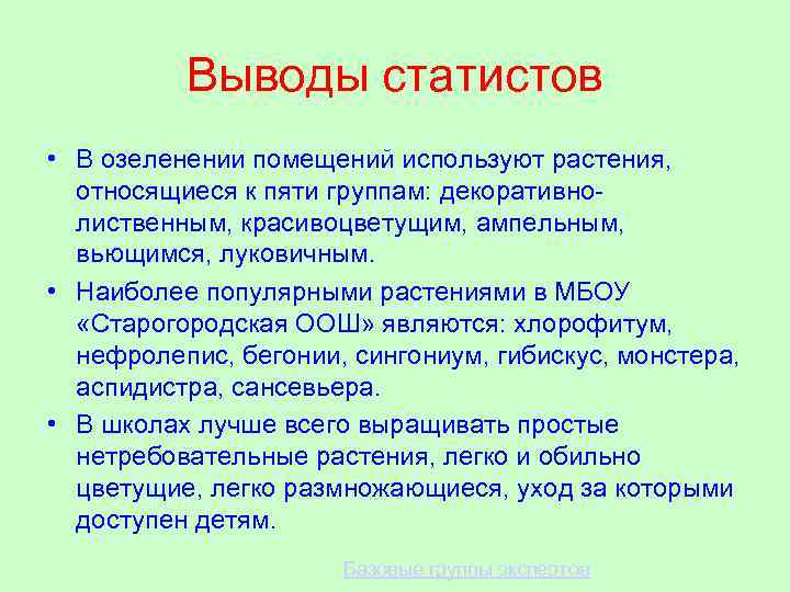 Выводы статистов • В озеленении помещений используют растения, относящиеся к пяти группам: декоративнолиственным, красивоцветущим,