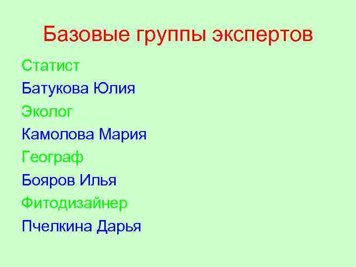 Базовые группы экспертов Статист Батукова Юлия Эколог Камолова Мария Географ Бояров Илья Фитодизайнер Пчелкина