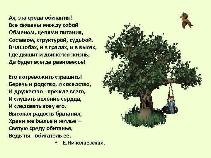 Ах, эта среда обитания! Все связаны между собой Обменом, цепями питания, Составом, структурой, судьбой.