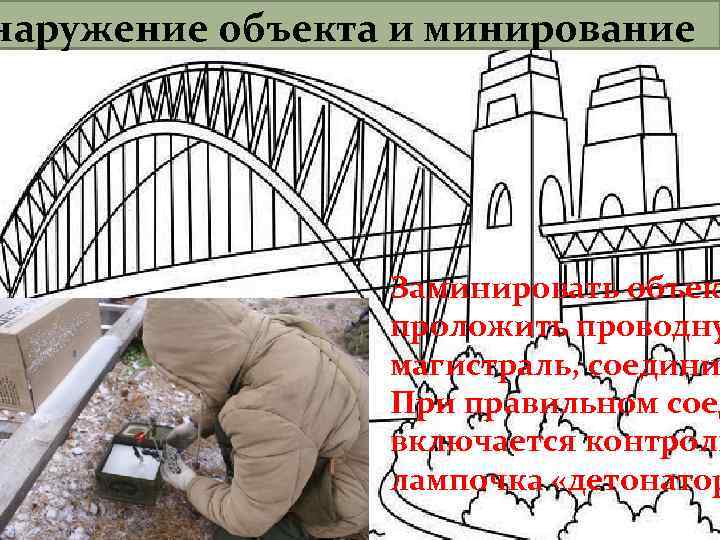 наружение объекта и минирование Обнаружение и минирование объекта Заминировать объек проложить проводну магистраль, соедини