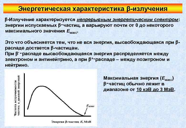 Энергетическая характеристика β-излучения -Излучение характеризуется непрерывным энергетическим спектром: энергии испускаемых ‑частиц, а варьируют почти