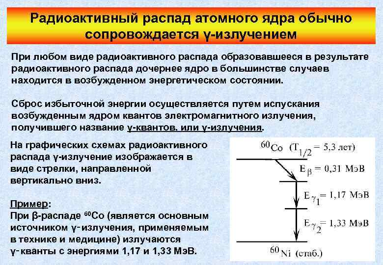 Радиоактивный распад атомного ядра обычно сопровождается γ-излучением При любом виде радиоактивного распада образовавшееся в