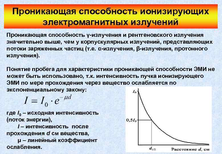 Проникающая способность ионизирующих электромагнитных излучений Проникающая способность γ-излучения и рентгеновского излучения значительно выше, чем