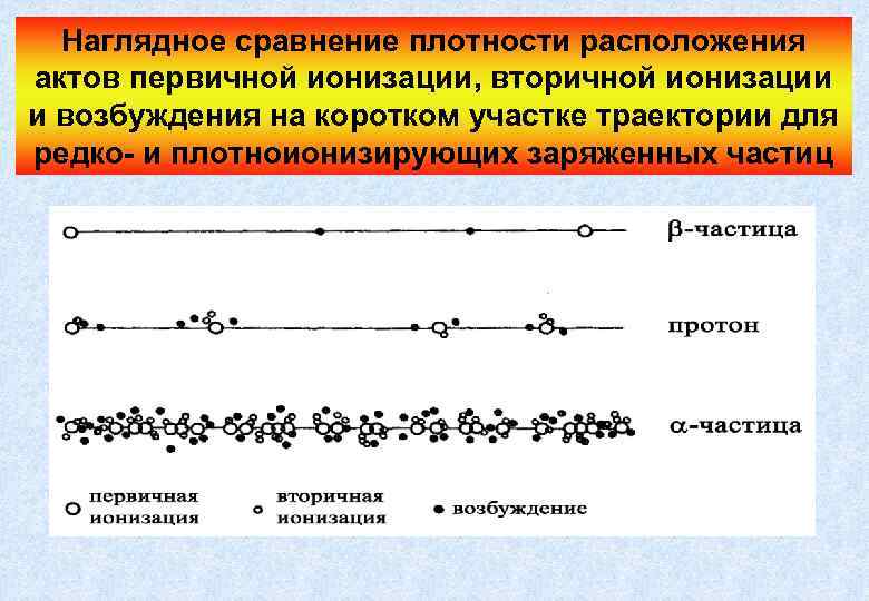 Наглядное сравнение плотности расположения актов первичной ионизации, вторичной ионизации и возбуждения на коротком участке